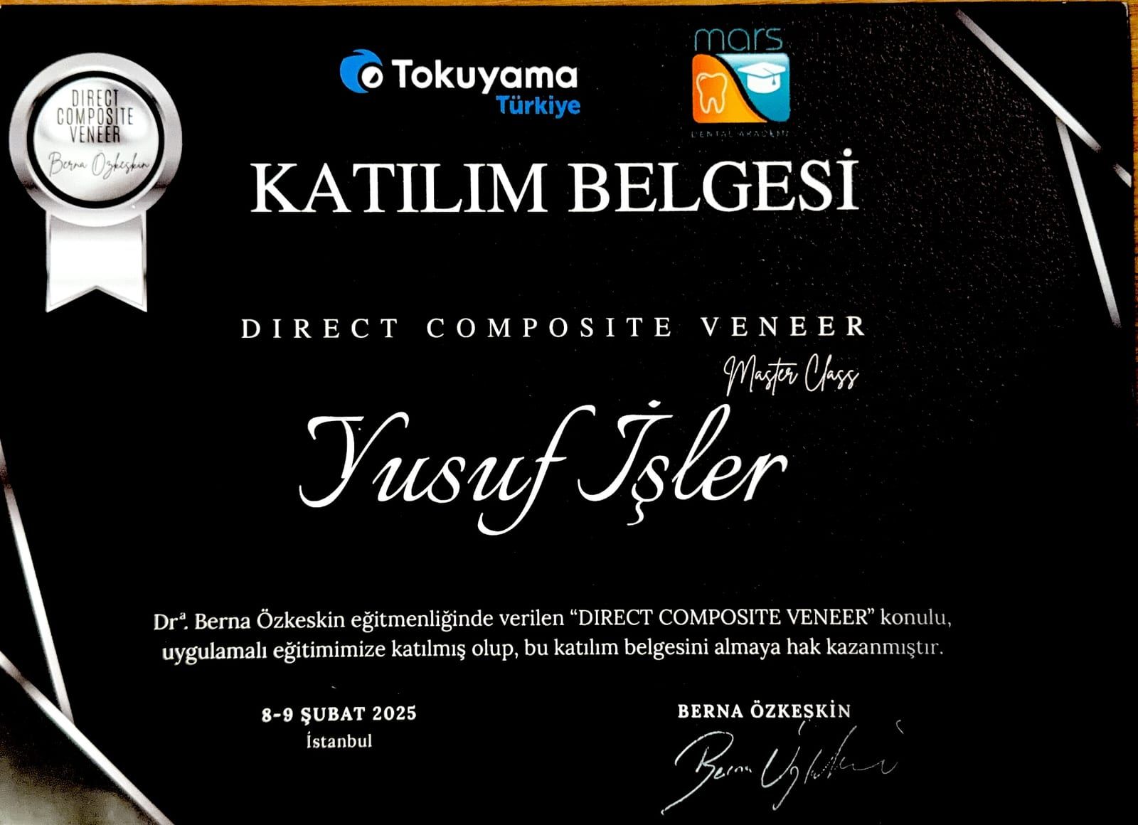 Tokuyama Türkiye Direct Composite Veneer Master Class katılım belgesi, İstanbul, Şubat 2025, Yusuf İşler adına