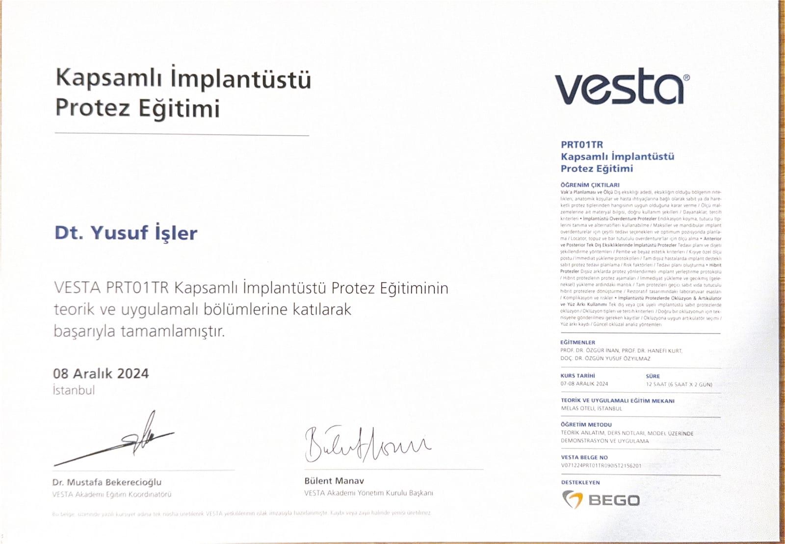 VESTA Akademi kapsamlı implantüstü protez eğitimi tamamlama belgesi, İstanbul, Aralık 2024, Yusuf İşler adına